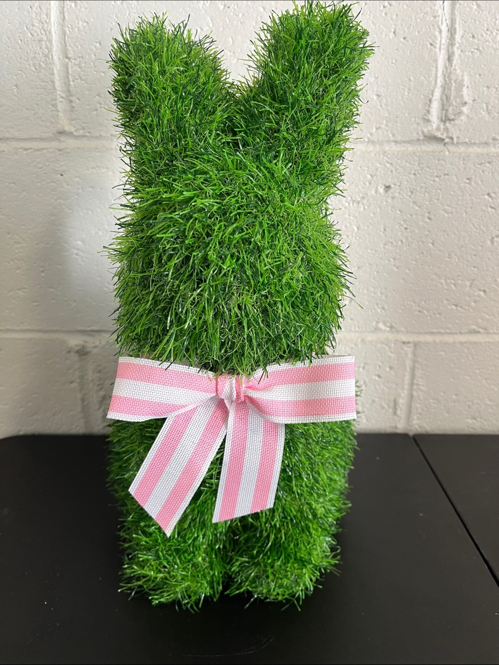 Faux Grass Bunny Figurine with Pink Stripe Bow